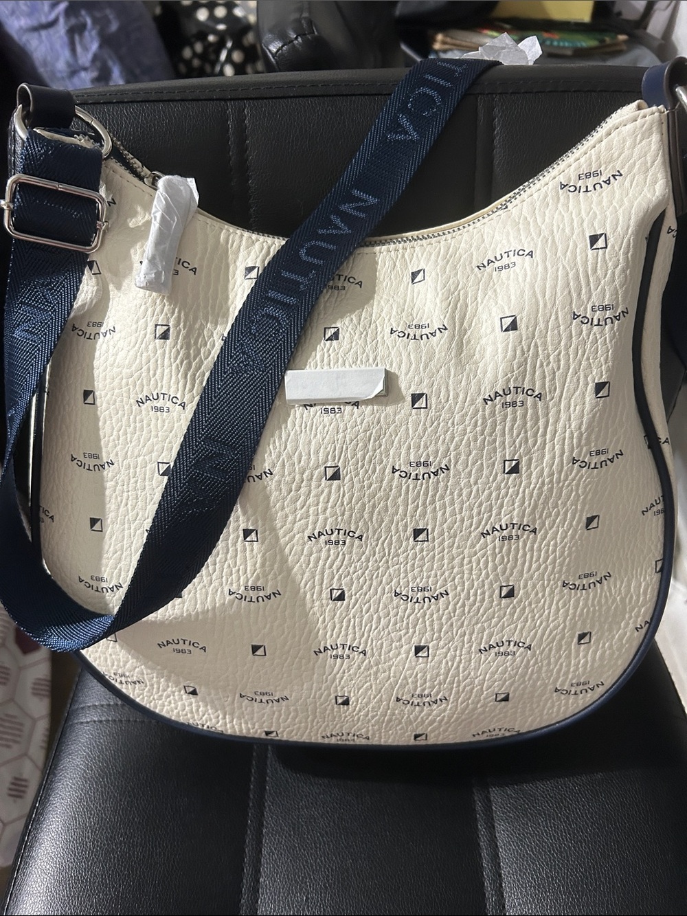 Nautica Cream Pebbled Shoulder Bag with Navy Strap
